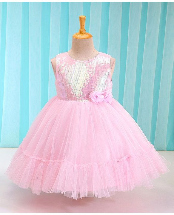 Babyhug Woven Sleeveless Sequined Party Dress with Bow Applique & Mesh Detailing - Pink