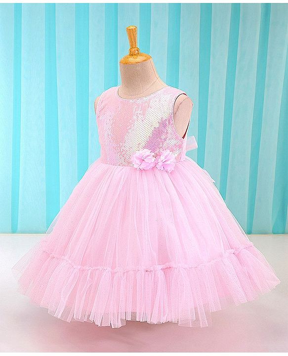 Babyhug Woven Sleeveless Sequined Party Dress with Bow Applique & Mesh Detailing - Pink