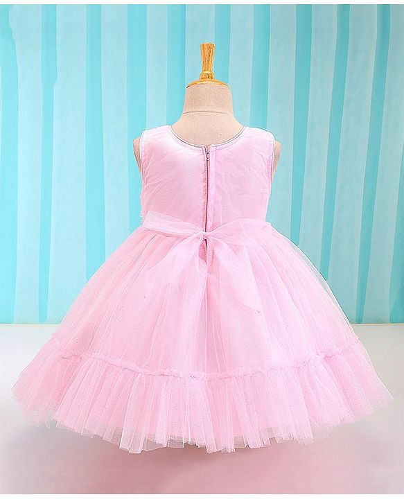 Babyhug Woven Sleeveless Sequined Party Dress with Bow Applique & Mesh Detailing - Pink