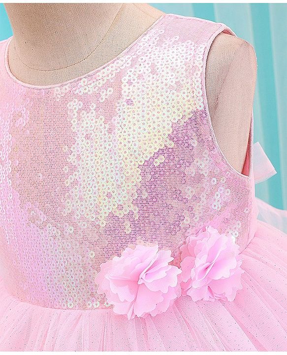 Babyhug Woven Sleeveless Sequined Party Dress with Bow Applique & Mesh Detailing - Pink