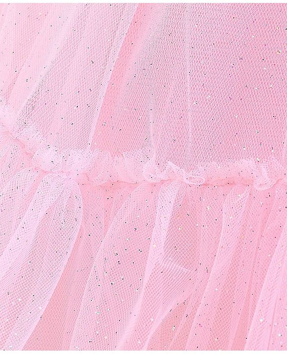 Babyhug Woven Sleeveless Sequined Party Dress with Bow Applique & Mesh Detailing - Pink