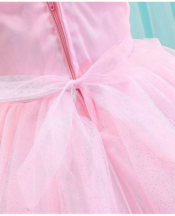 Babyhug Woven Sleeveless Sequined Party Dress with Bow Applique & Mesh Detailing - Pink