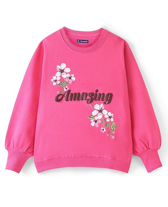 Pine Kids Full Sleeve Biowashed Sweatshirt Floral & Text Print - Pink