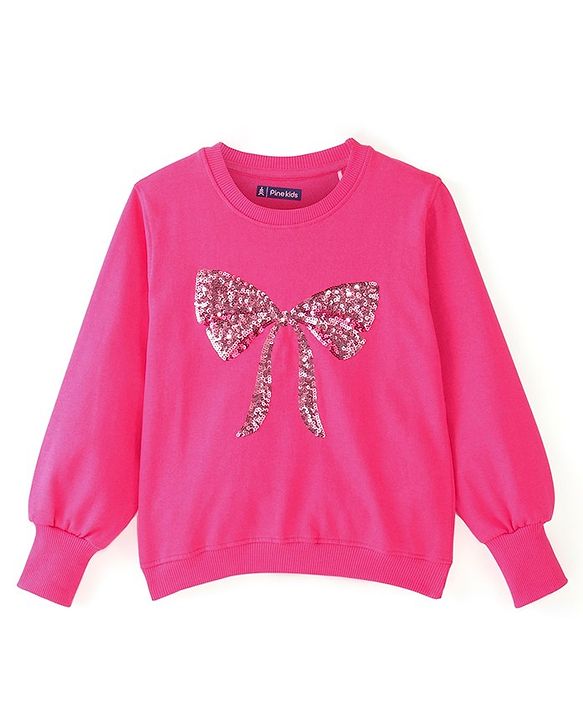 Pine Kids Full Sleeves Biowashed  Sweatshirt Sequined Bow Design - Fuschia