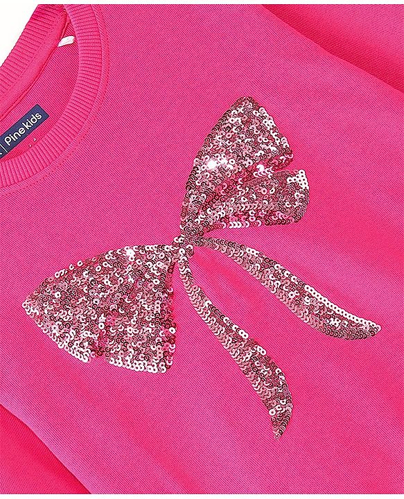 Pine Kids Full Sleeves Biowashed  Sweatshirt Sequined Bow Design - Fuschia