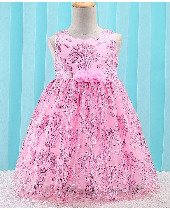 Babyhug Sleeveless Party Frock With Sequin Embroidery & Floral Corsage- Peach