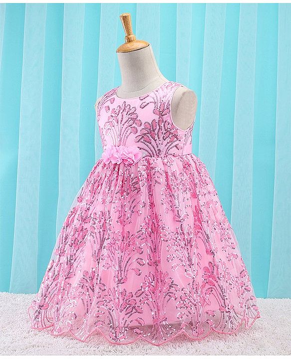 Babyhug Sleeveless Party Frock With Sequin Embroidery & Floral Corsage- Peach