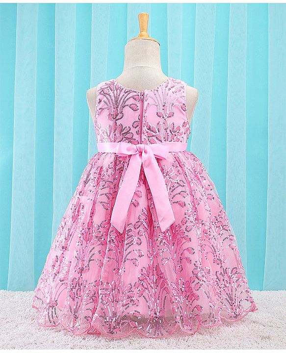 Babyhug Sleeveless Party Frock With Sequin Embroidery & Floral Corsage- Peach