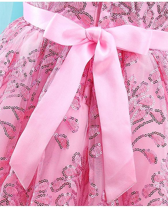 Babyhug Sleeveless Party Frock With Sequin Embroidery & Floral Corsage- Peach