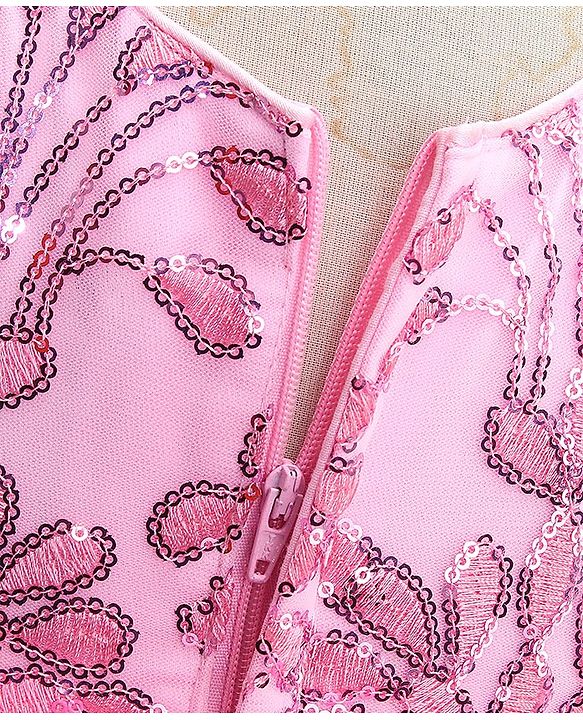 Babyhug Sleeveless Party Frock With Sequin Embroidery & Floral Corsage- Peach