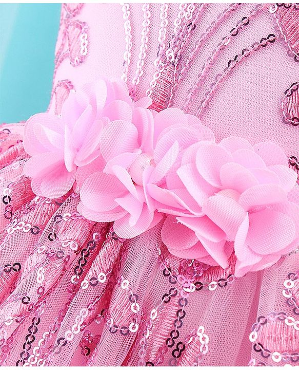 Babyhug Sleeveless Party Frock With Sequin Embroidery & Floral Corsage- Peach