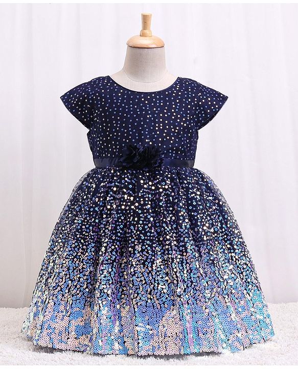 Babyhug Half Sleeves Party Frock With Sequined Detailing - Navy Blue