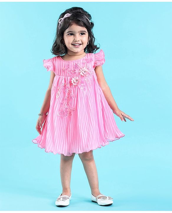 Babyhug Flutter Sleeves Pleated A Line Party Frock With Floral Embroidery- Pink