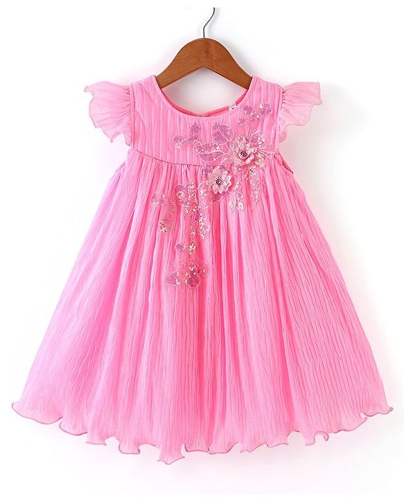 Babyhug Flutter Sleeves Pleated A Line Party Frock With Floral Embroidery- Pink