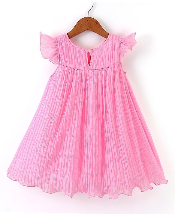 Babyhug Flutter Sleeves Pleated A Line Party Frock With Floral Embroidery- Pink