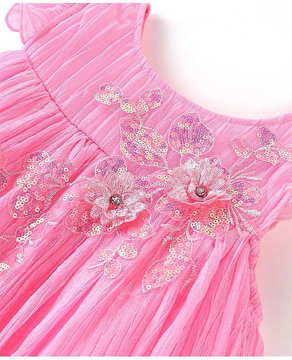 Babyhug Flutter Sleeves Pleated A Line Party Frock With Floral Embroidery- Pink