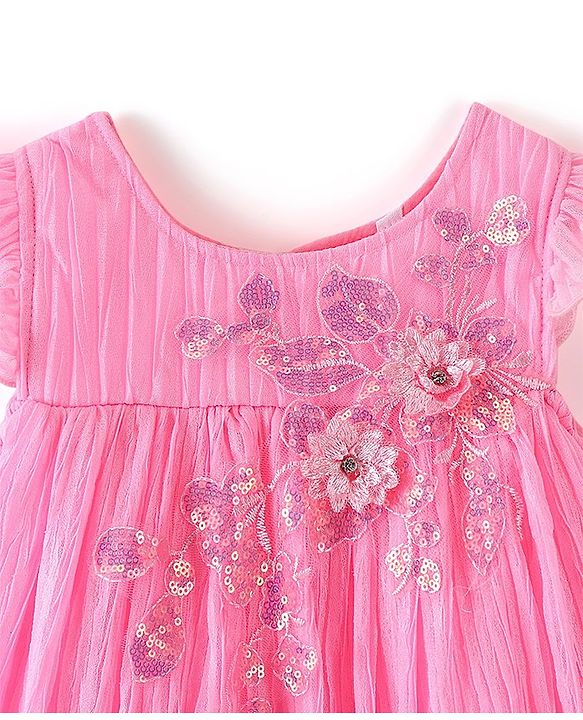 Babyhug Flutter Sleeves Pleated A Line Party Frock With Floral Embroidery- Pink