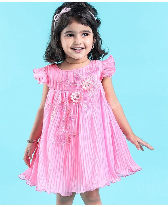 Babyhug Flutter Sleeves Pleated A Line Party Frock With Floral Embroidery- Pink