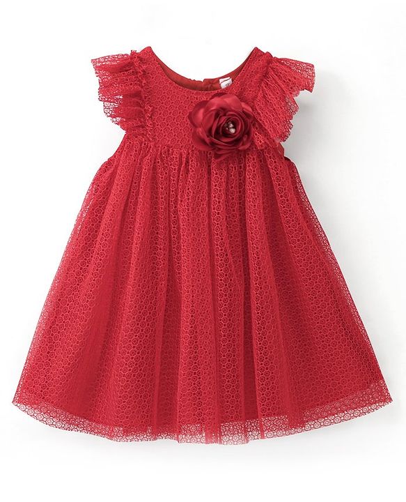 Babyhug Sleeveless Mesh Party Frock With Floral Corsage - Red