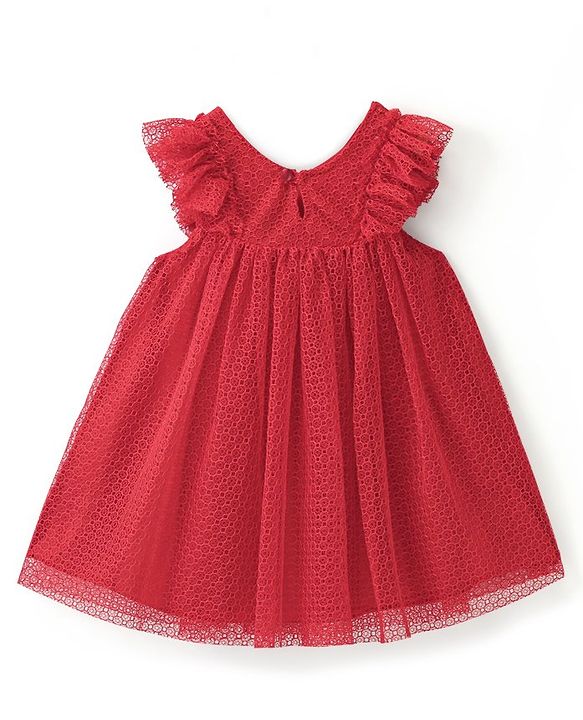 Babyhug Sleeveless Mesh Party Frock With Floral Corsage - Red