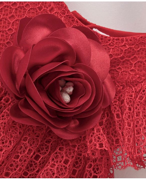 Babyhug Sleeveless Mesh Party Frock With Floral Corsage - Red