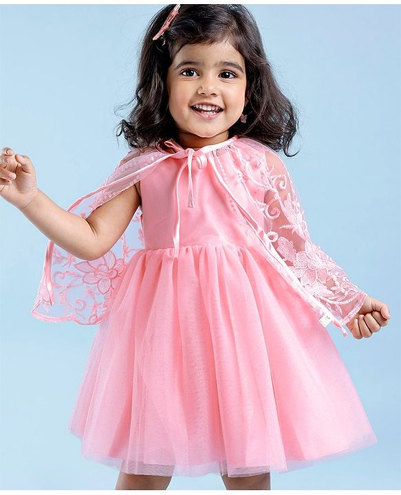 Babyhug Woven Sleeveless Party Frock with Cape Floral Embroidery - Peach