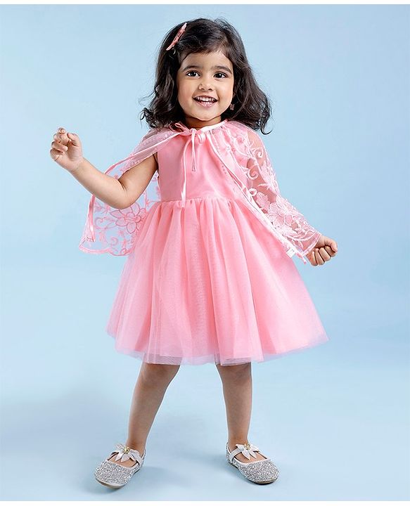 Babyhug Woven Sleeveless Party Frock with Cape Floral Embroidery - Peach