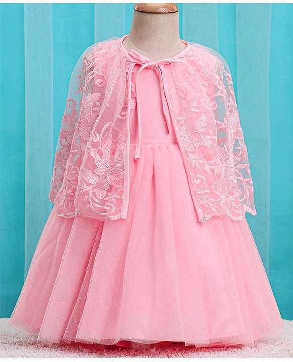 Babyhug Woven Sleeveless Party Frock with Cape Floral Embroidery - Peach