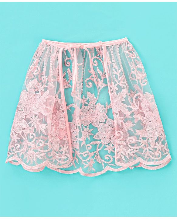 Babyhug Woven Sleeveless Party Frock with Cape Floral Embroidery - Peach