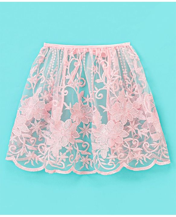 Babyhug Woven Sleeveless Party Frock with Cape Floral Embroidery - Peach