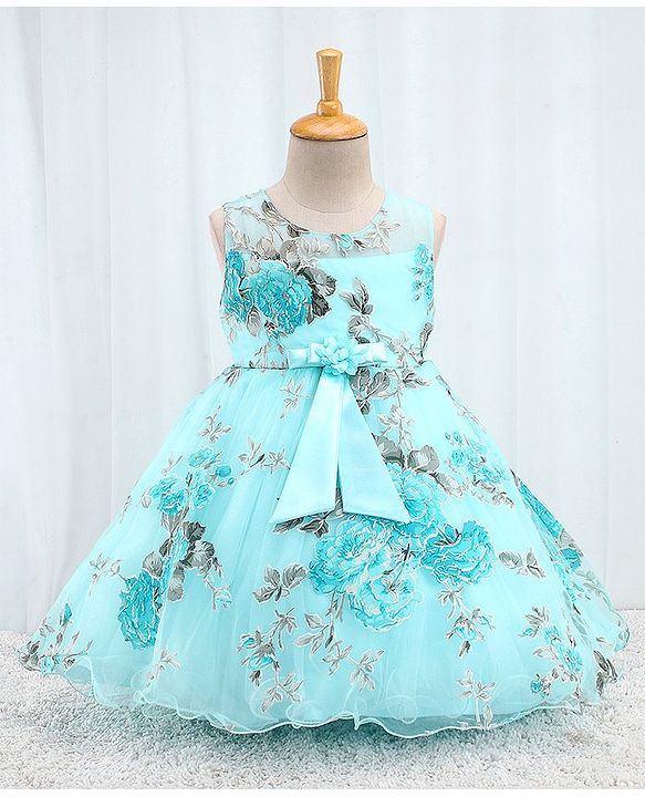 Babyhug Sleeveless  Organza Party Frock With Floral Print & Bow Applique- Grey