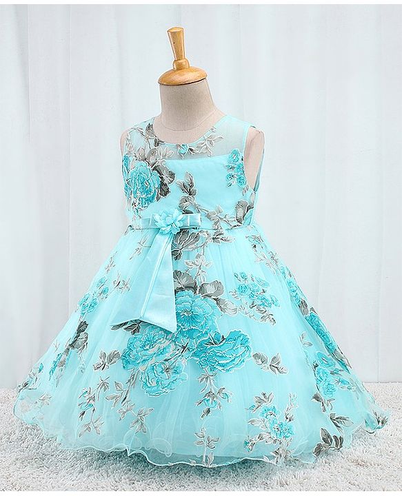 Babyhug Sleeveless  Organza Party Frock With Floral Print & Bow Applique- Grey