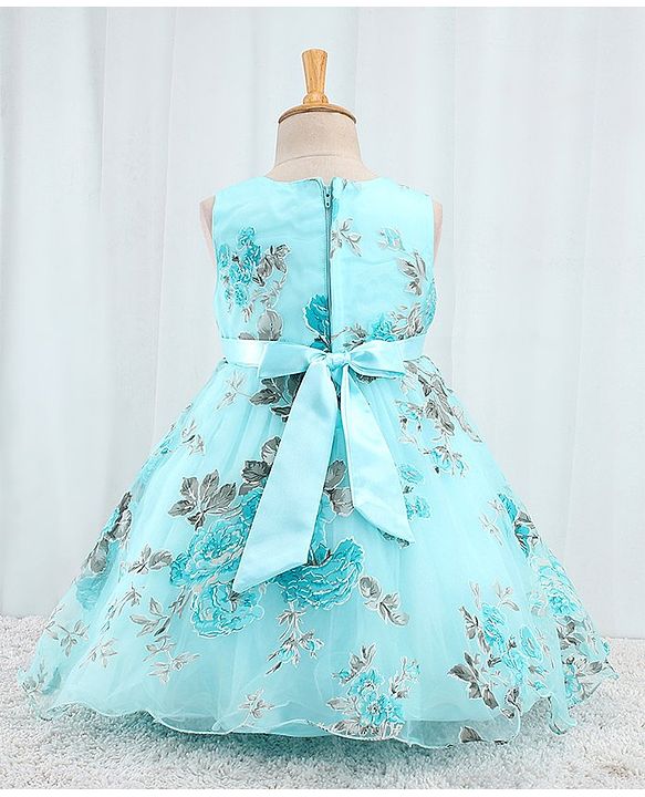 Babyhug Sleeveless  Organza Party Frock With Floral Print & Bow Applique- Grey