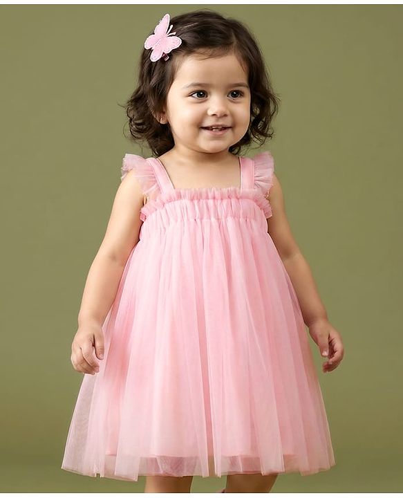 Babyhug Sleeveless Party Frock With Butterfly Wings Corsage & Sequine Detailing - Pink