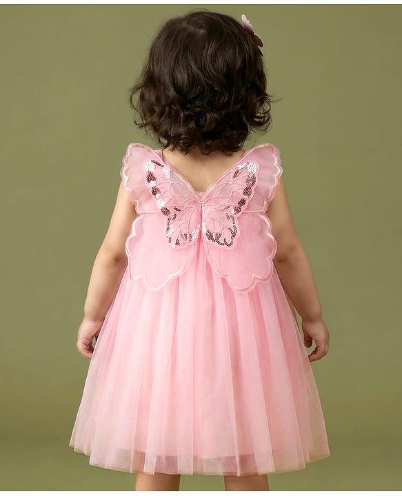Babyhug Sleeveless Party Frock With Butterfly Wings Corsage & Sequine Detailing - Pink