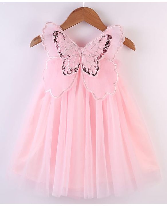 Babyhug Sleeveless Party Frock With Butterfly Wings Corsage & Sequine Detailing - Pink
