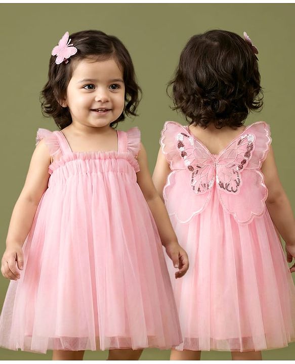 Babyhug Sleeveless Party Frock With Butterfly Wings Corsage & Sequine Detailing - Pink