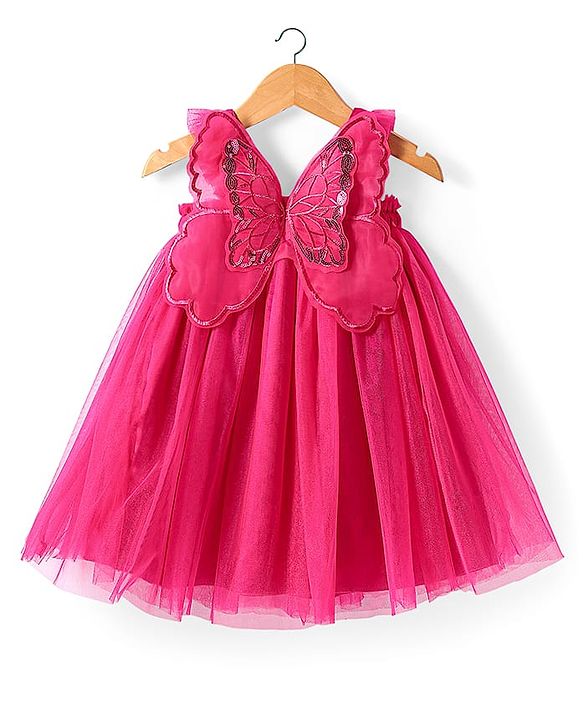Babyhug Sleeveless Party Frock With Butterfly Wings Corsage & Sequine Detailing - Pink