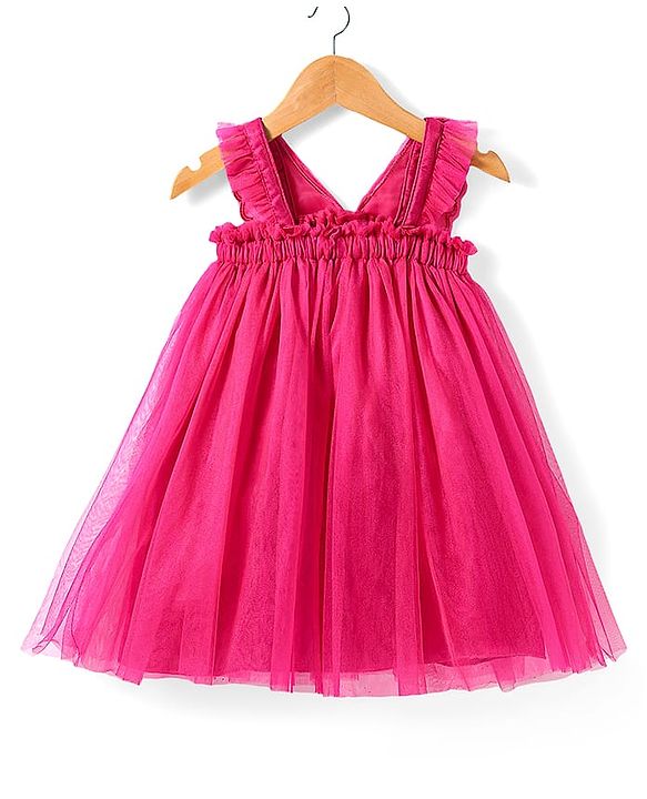 Babyhug Sleeveless Party Frock With Butterfly Wings Corsage & Sequine Detailing - Pink