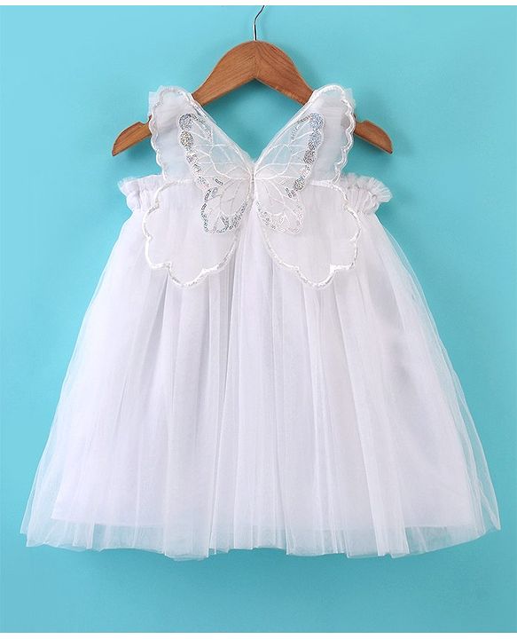 Babyhug Sleeveless Party Frock With Butterfly Wings Corsage & Sequine Detailing - Pink