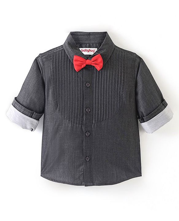 Babyhug Cotton Woven Full Sleeves Party Shirt With Bow - Black