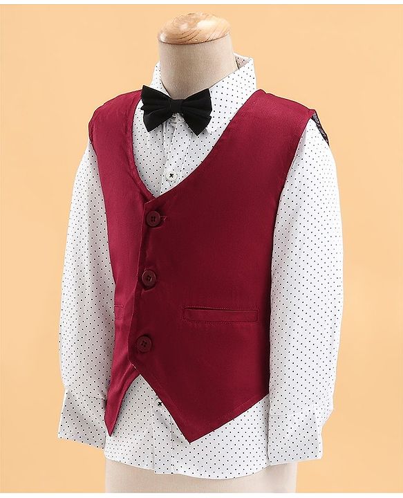 Babyhug Woven Full Sleeves Solid Party Suit with Bow Tie - Maroon & Black