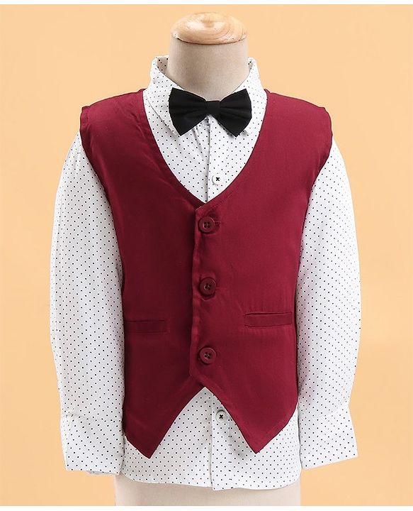 Babyhug Woven Full Sleeves Solid Party Suit with Bow Tie - Maroon & Black