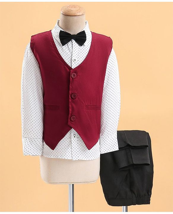 Babyhug Woven Full Sleeves Solid Party Suit with Bow Tie - Maroon & Black