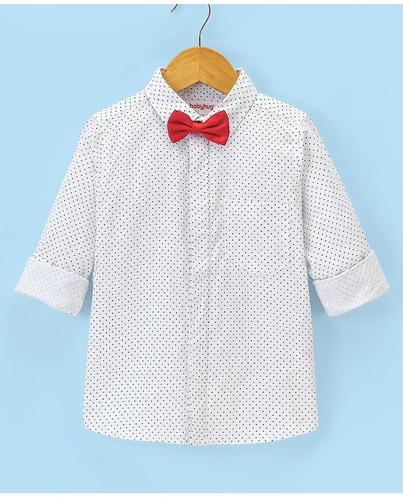 Babyhug Full Sleeves Party Wear Shirt with Bow Polka Dot Print - White
