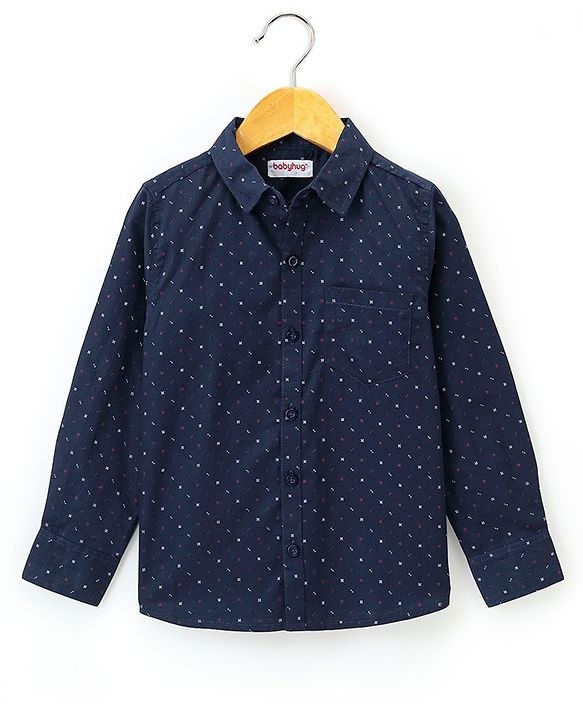 Babyhug Full Sleeves Party Wear Shirt with Bow Dash Design Print - Navy Blue