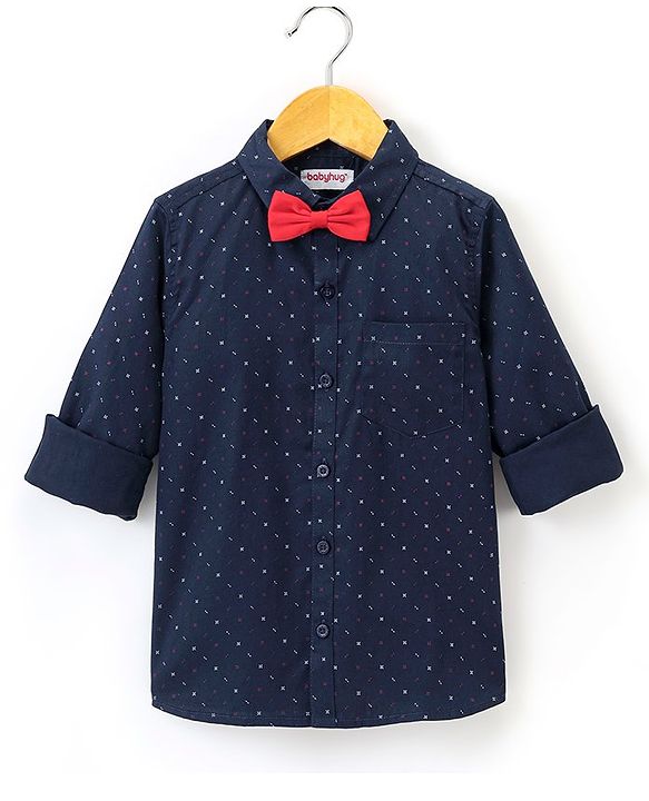 Babyhug Full Sleeves Party Wear Shirt with Bow Dash Design Print - Navy Blue