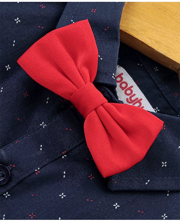 Babyhug Full Sleeves Party Wear Shirt with Bow Dash Design Print - Navy Blue