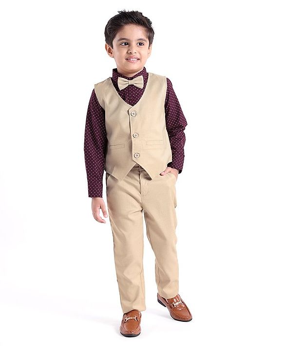 Babyhug Cotton Full Sleeves Party Wear Suit With Blazer Heart Print - Beige & Maroon