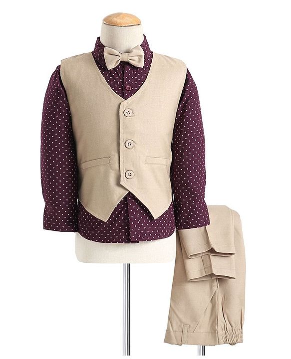 Babyhug Cotton Full Sleeves Party Wear Suit With Blazer Heart Print - Beige & Maroon